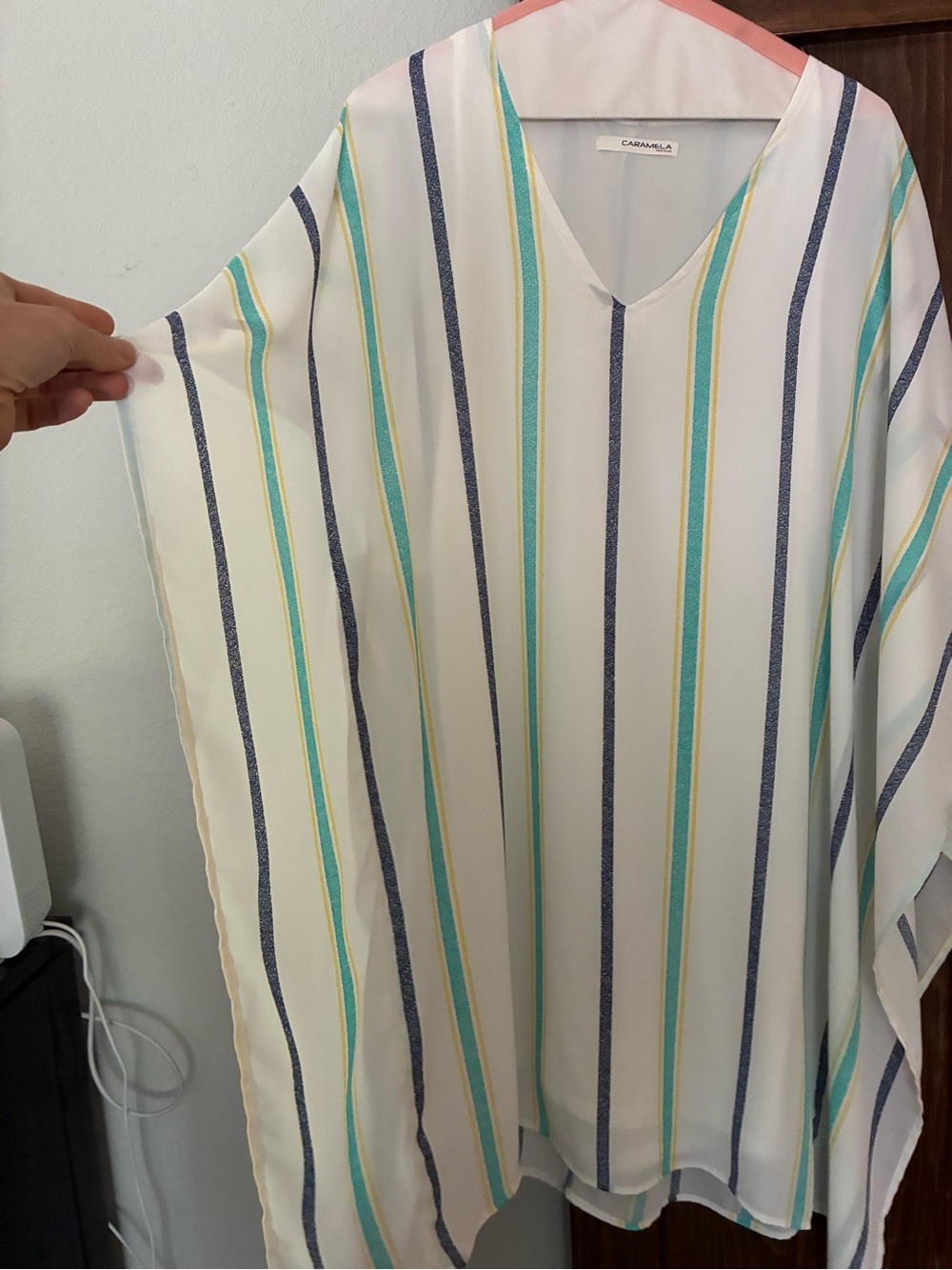 Caramela White V-Neck Mini Dress with Mint & Navy Stripes
